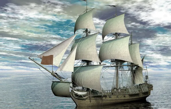 Picture photo, The sky, Clouds, Sea, Ship, Sailboat, 3D Graphics