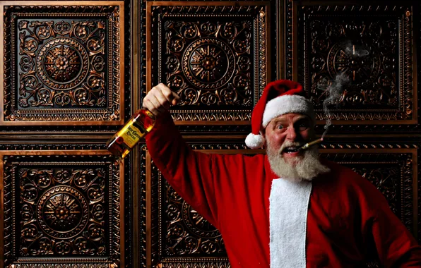 Bottle, Christmas, cigar, New year, Santa Claus