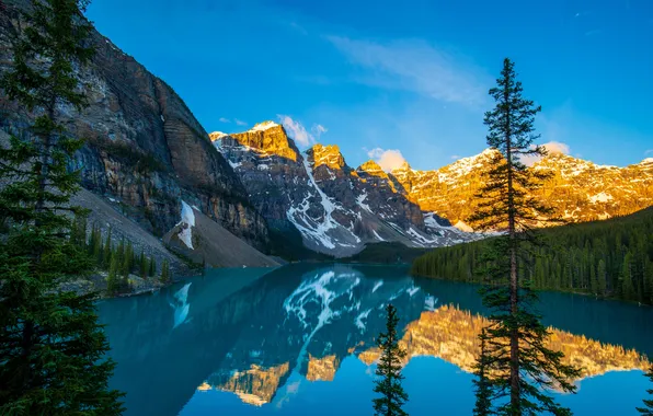 Mountains, reflection, blue, shore, ate, Canada, moraine lake