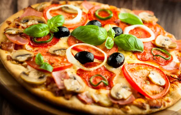 Picture mushrooms, cheese, pepper, pizza, tomatoes, pizza, dish, olives