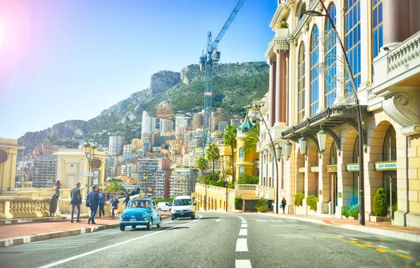 Picture machine, people, street, building, crane, Cars, Monaco, Street