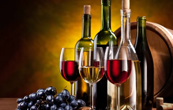 Wine, red, white, glasses, grapes, bunch, tube, bottle