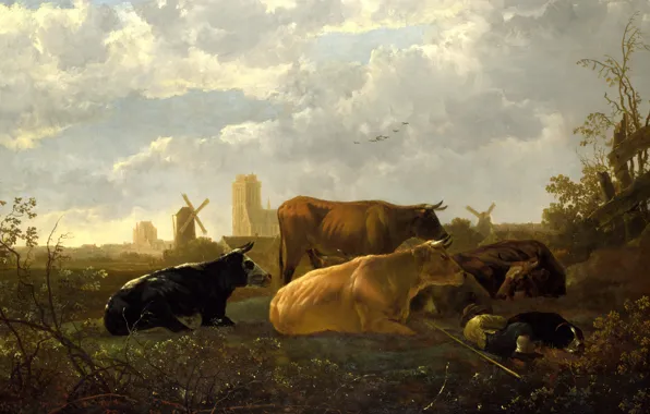 Picture animals, dog, picture, cows, windmill, The Albert Cuyp, Aelbert Jacobsz Cuyp, Small Dort