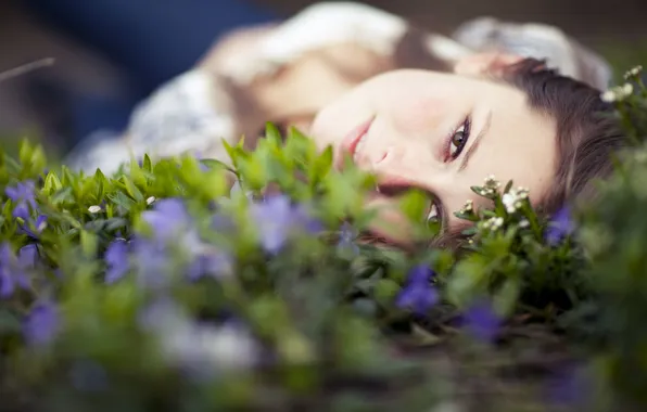 Grass, look, girl, flowers