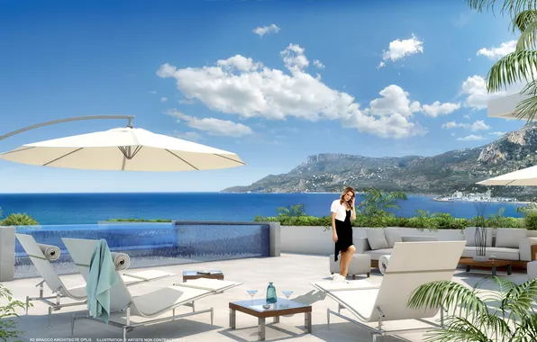 Sea, girl, coast, terrace, Montecarlo, palace, perspective, panoramic terrace