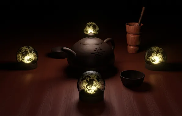 Light, lights, tea, glow, texture, set, tea ceremony, porcelain