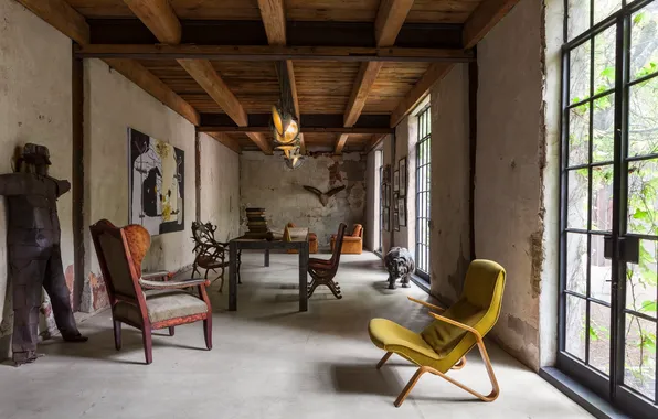 Design, interior, chairs, pictures, sculpture, living room, dining room, industrial style