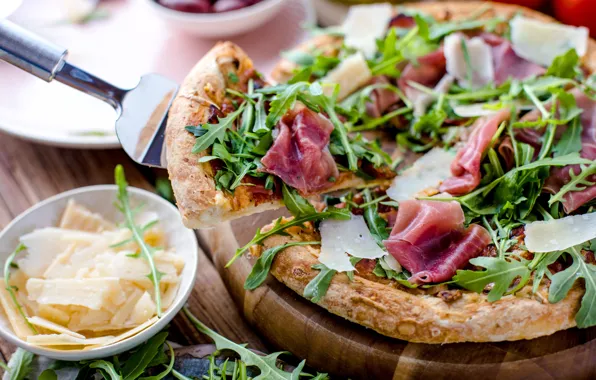 Food, cheese, pizza, bacon, Parmesan, arugula