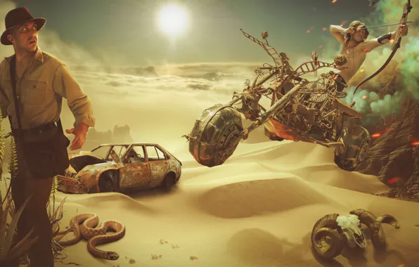 Machine, desert, snake, art, motorcycle, men, photoart