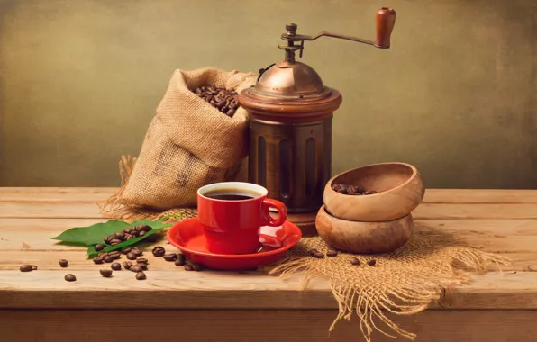 Leaves, coffee, grain, Cup, red, saucer, pouch, coffee grinder