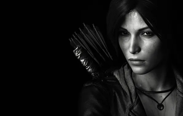 Lara croft, tomb raider, face, black and white, look, bow, arrows, dark hair