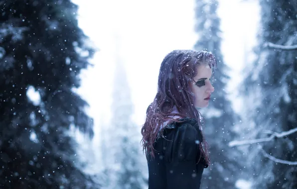 Cold, forest, girl, snow