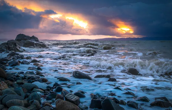 Picture sea, wave, beach, the sky, clouds, sunset, clouds, stones
