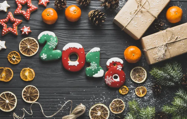 Holiday, star, spruce, gifts, citrus, tsyfry, the new year 2018