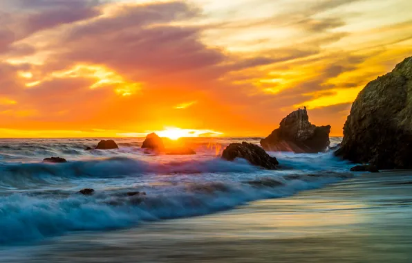 Wallpaper wave, the sky, the sun, clouds, sunset, stones, the ocean ...