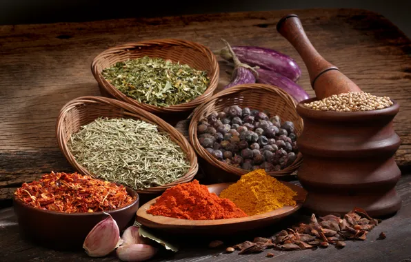 Picture spices, garlic, seasoning, black pepper, red pepper, bowls, curry, coriander