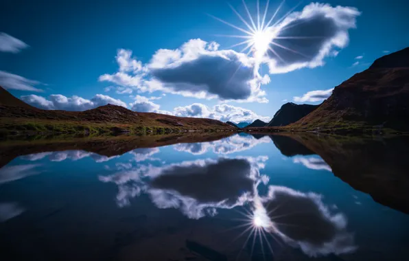 The sky, the sun, clouds, mountains, reflection, blue, hills, shore