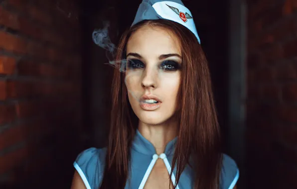 Portrait, makeup, smoke, uniform, garrison cap