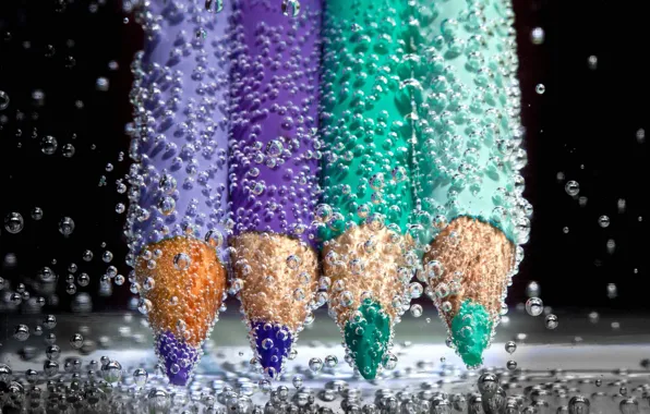 Water, bubbles, liquid, pencils