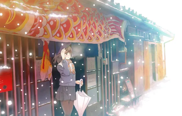 Cold, winter, girl, snow, umbrella, anime, art, couples