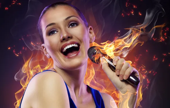Picture girl, fire, sparks, microphone, singing, brown-eyed