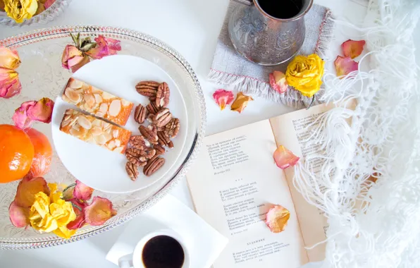 Rose, coffee, petals, book, nuts, shawl, Turk, poetry
