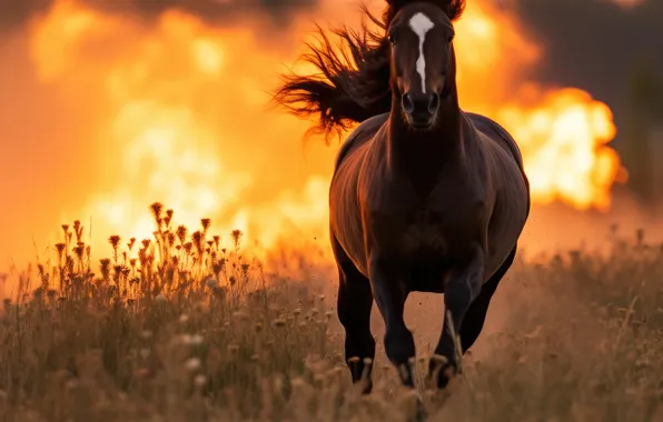 Horse, Grass, Smoke, Fire, Fire, Running, Digital art, AI art