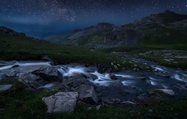 Stars, mountains, night, river, stream, stones, France, The Mercantour national Park