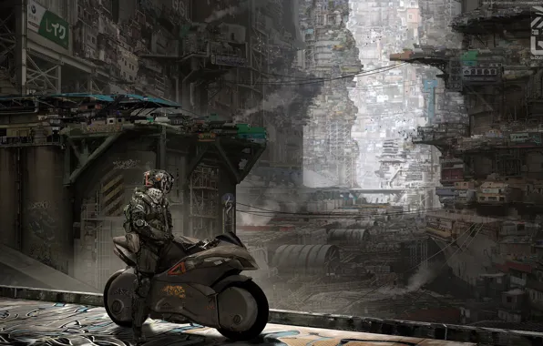 The city, Future, City, Fantasy, Fiction, Bike, Concept Art, Characters