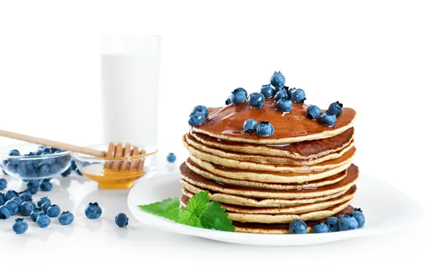 Berries, blueberries, honey, pancakes