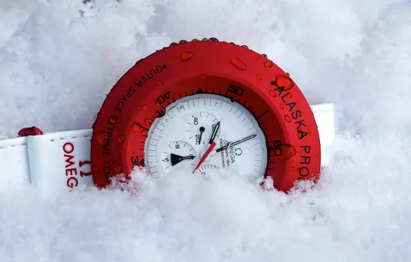 Picture red, white, Omega, snow, clock