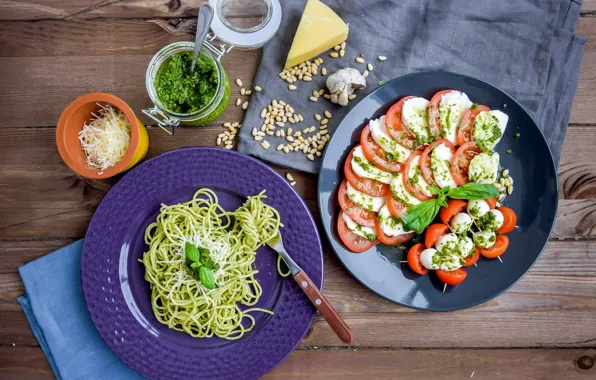 Tomatoes, salad, pasta, Caprese, pesto