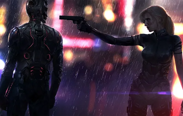 Gun, rain, woman, male, sword, art, cyberpunk, pearls