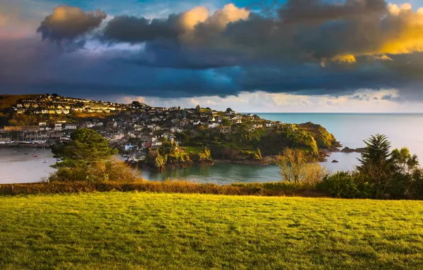 Picture sea, clouds, coast, England, village, England, Cornwall, Cornwall