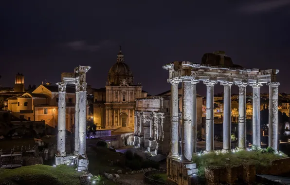 Picture night, lights, Rome, Italy, columns, ruins, Forum, architeccture