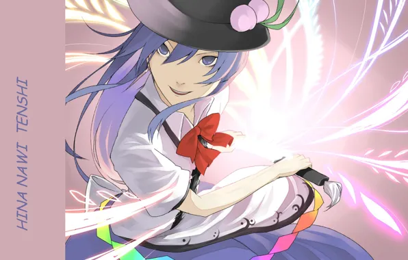 Lights, magic, katana, hat, Hinanawi Tenshi, arm, blue hair, red bow