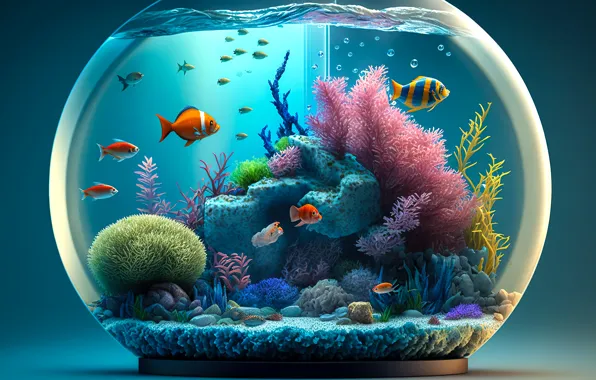 Picture fish, aquarium, colorful, corals, glass, blue, water, fish