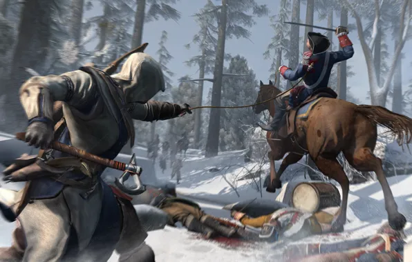 Picture winter, snow, horse, soldiers, assassin, Assassin's Creed III, Radunhageydu, the half-breed Indian