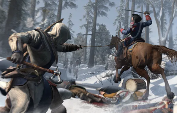 Winter, snow, horse, soldiers, assassin, Assassin's Creed III, Radunhageydu, the half-breed Indian