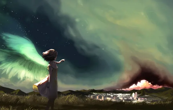 Picture the sky, girl, stars, the city, wings, anime, art, akio-tank