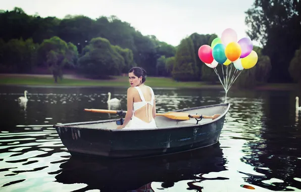 Look, girl, lake, balloons, boat, swans