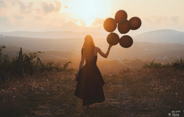 Girl, landscape, sunset, the evening, dress, balloons