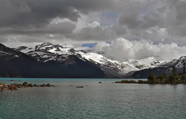 Picture forest, the sky, water, clouds, snow, trees, landscape, mountains