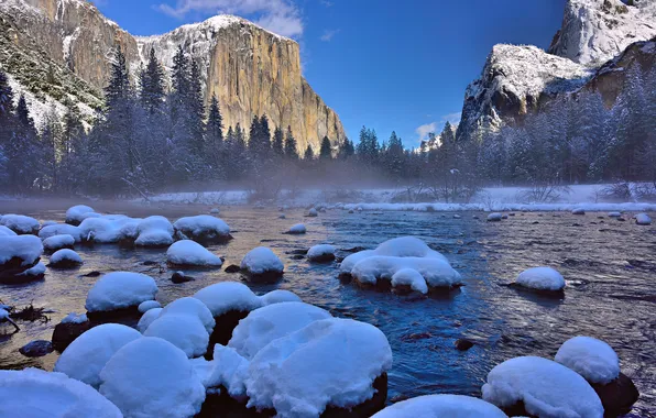 Picture winter, forest, snow, mountains, river, USA, Yosemite national Park, Yosemite National Park