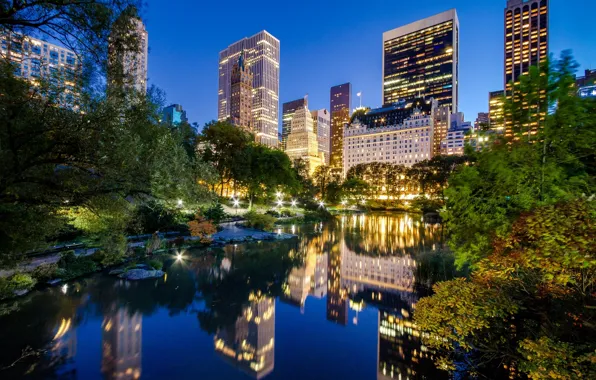 Picture reflection, river, building, New York, night city, Manhattan, Manhattan, New York City
