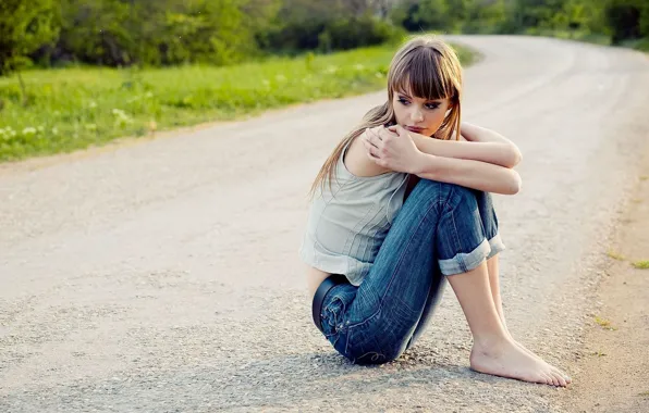 Road, girl, jeans, sitting, barefoot