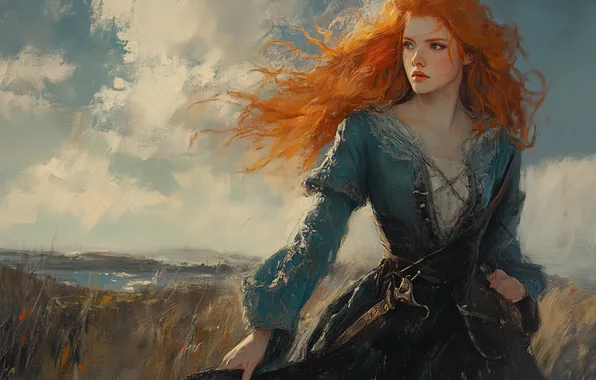 Field, the sky, look, girl, clouds, pose, the wind, fantasy