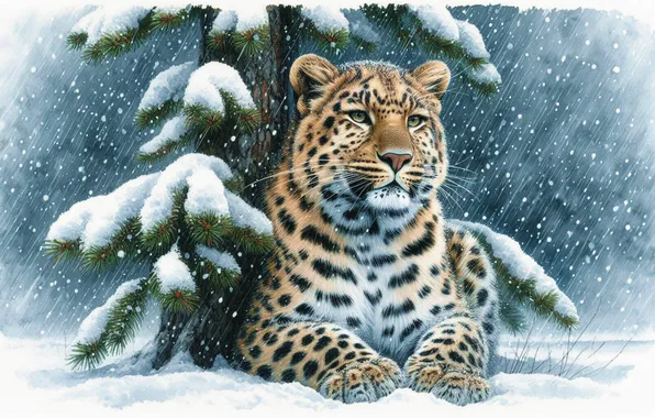 Winter, snow, branches, spruce, leopard, lies, Blizzard, snowfall