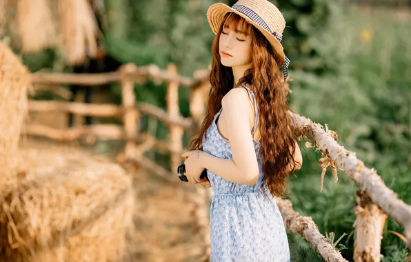 Pose, model, the fence, portrait, hat, makeup, dress, hairstyle