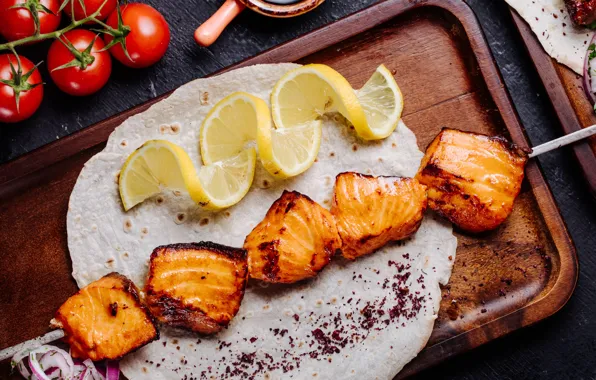 Lemon, fish, bow, vegetables, tomatoes, tomatoes, kebab, salmon